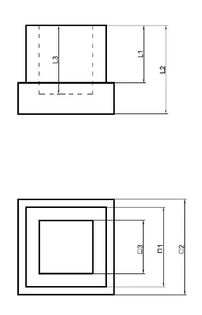 Plano acotado de contera de goma cuadrada con cotas □1, □2, □3, L1, L2 y L3