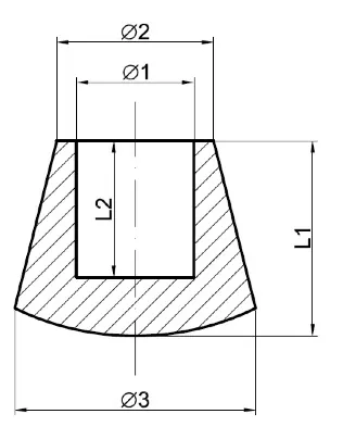 Plano acotado de contera de goma redonda R2 troncocónica con cotas Ø1, Ø2, Ø3, L1 y L2
